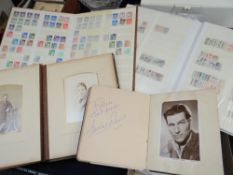 Two Edwardian photo albums with contents, two stamp albums with contents and a vintage autograph