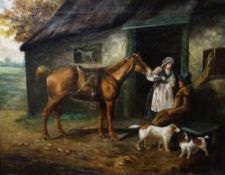 GEORGE MORLAND oil on canvas - hatted gentleman rider being given a refreshing drink by a bonneted
