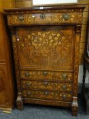 Nineteenth century mixed wood marquetry full front secretaire depicting birds, flowers and foliage