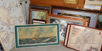 A quantity of framed pictures and prints including reproduction antiquarian maps Condition reports