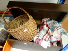 A wooden box together with a wicker basket, blanket and other wooden pieces Condition reports