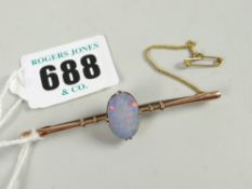 A 9ct yellow gold bar brooch set with oval opal veneer and with safety chain Condition reports