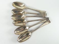 A loose set of six silver serving spoons, hallmarks rubbed, probably Georgian, 13.9oz Condition