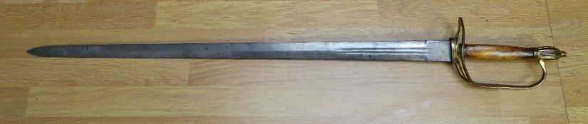 A military-type sword with straight steel blade, wooden handle and gilt metal hilt, 92cms long