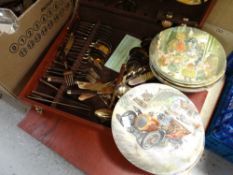 Two cased sets of modern wooden handled and yellow metal cutlery together with a collection of