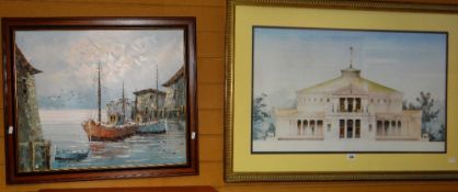 A framed architectural print together with an oil painting of ships in a harbour, river scene and