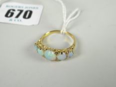 Gold set five-stone opal graduated ring, 4grams approx. Condition Report: significant chip to