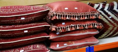 Collection of scatter cushions together with gilt framed prints and metal flower wall decorations