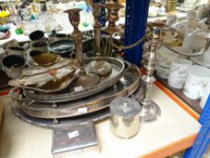 Three EPNS galleried trays, candlesticks, candelabra ETC Condition reports provided on request by