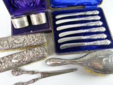 Parcel of silver / part-silver including two clothes brushes, cased set of six all-silver butter