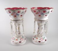 Pair of antique Bohemian glass floral-painted drop lustre vases, 25cms high
