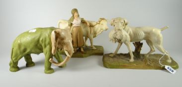 Three Royal Dux animal models comprising retriever dog with quarry on a naturalistic rectangular