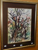 WILL EVANS watercolour - garden scene with blossoming tree and figure of a lady, 50 x 37cms (