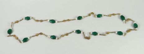 Yellow metal green stone and pearl necklace Condition reports provided on request by email for