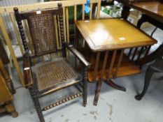 A tooled leather top rotary bookcase-table together with a cane work and bobbin vintage chair