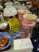 A parcel of glassware including drop lustre vases, an LSA international art glass vase, boxed