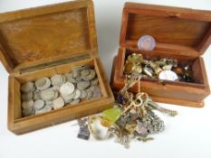 A carved continental cigar box with coinage contents together with a hardwood box with mother of