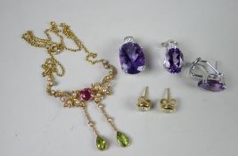 A 15ct yellow gold antique pendant and necklace set with seed pearls and peridot / garnet together