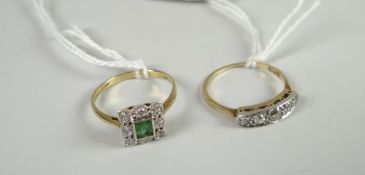 A 9ct yellow gold antique ring set with tiny diamonds and centre emerald together with a yellow gold