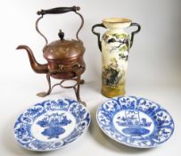 A copper Art Nouveau spirit kettle and a pair of Chinese blue & white plates and a Royal Doulton