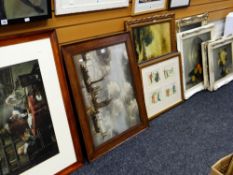 A parcel of large framed prints and paintings including a series of four still life oil paintings in