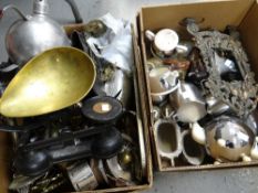 Two boxes of various metalware including EPNS teaware, bottle coasters, kitchen scales ETC Condition