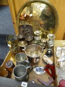 A parcel of mixed metalware including trench-art decorated brass vase, white metal vintage purse ETC