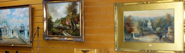 BERTHA E WRIGHT watercolour - street scene with church and figures, dated 1915, 38 x 60cms in a gilt