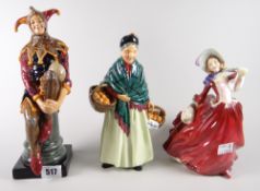 Three Royal Doulton bone china figures to include 'The Jester - HN2016' and 'The Orange Lady -