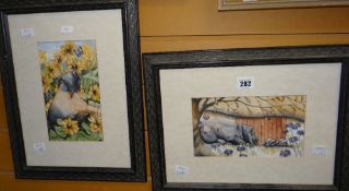 HELEN LUSH watercolours, a pair - pig scene 12 x 21cms, 21 x 12cms Condition reports provided on