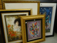 A parcel of framed pictures including large framed limited edition print of performing clowns