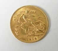 George V 1914 gold half sovereign Condition reports provided on request by email for this auction