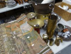 A parcel of metalware including scales, hip flask, brass preserve pan and a tapestry wall hanging