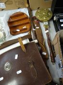 An ornamental chestnut roaster, carved walking stick, a leather portfolio case with Masonic contents