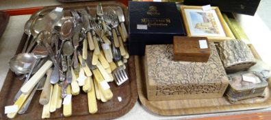 A tray of loose flatware together with a collection of small framed prints, wooden boxes ETC