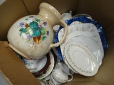 A box of mixed china, mainly teaware including Richmond Blue Rock, Royal Doulton Citadel ETC