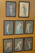A framed series of seven vintage cricketing prints, each depicting players from the early part of