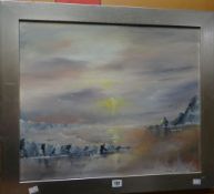 DAVID SHANAHAN painting - of people in bay with sun through clouds, dated 2010 Condition reports