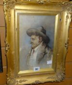UNKNOWN watercolour - half length portrait of a gent in hat. 27 x 17cms Condition reports provided