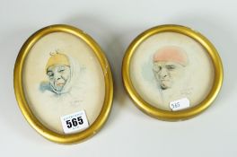 ARMAND HENRION pair of limited edition studies - clowns. Oval 14 x 10cms; round 11cms diameter.