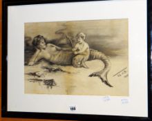 NINETEENTH CENTURY watercolour of mermaid and child, monogrammed and dated 1898, 27 x 38cms