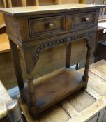 A neat antique reproduction oak hall table with drawer and platform base Condition reports