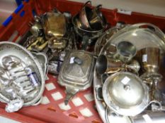 A crate of various metalware including EPNS galleried trays, teaware, flatware ETC Condition reports