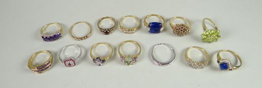 Fourteen modern dress rings, mainly if not all marked 9ct gold and QVC, 42gms Condition reports