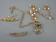Two gold seed pearl and peridot set brooches, a similar unmarked double scroll pendant on nine carat
