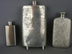 Three white metal hip flasks