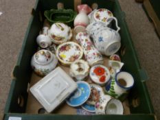 Quantity of floral decorated dishes, pin boxes and ornaments by Royal Albert, Fenton and others