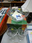 Dartington crystal boxed pedestal bowl, two heavy glass vases and a gilt framed garland decorated