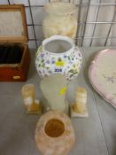 Group of onyx ornamental ware and a floral decorated china vase