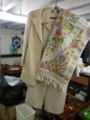 Two vintage lady's light coloured coats and a vintage throw